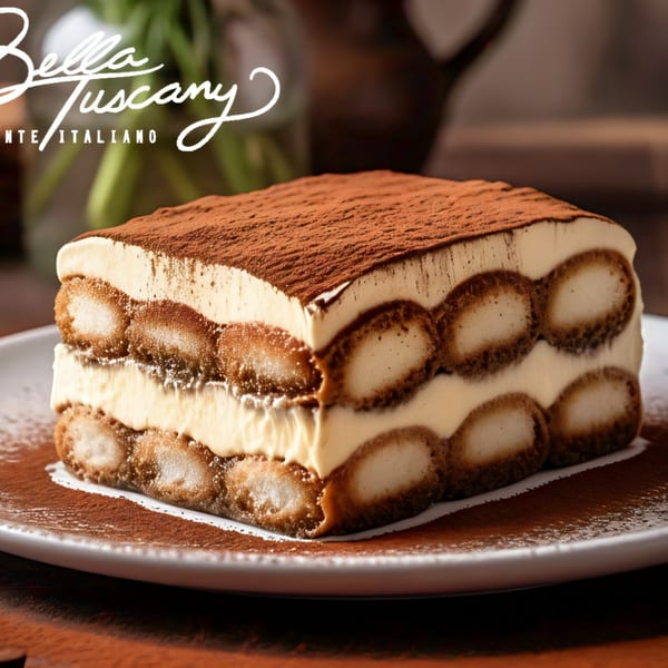 A delicious slice of tiramisu with layers of ladyfingers and cream, dusted with cocoa powder.