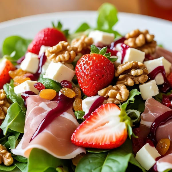 Close-up of a vibrant salad with strawberries, walnuts, feta, prosciutto, and a berry dressing.