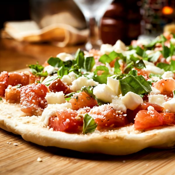 Close-up of a Bella Tuscany flatbread pizza topped with fresh tomatoes, mozzarella, and basil.