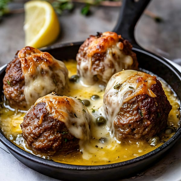 Four cheesy Italian meatballs in a skillet with a lemon wedge and herbs in the background.