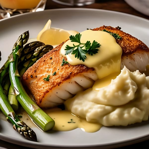 Pan-seared fish with hollandaise sauce, mashed potatoes, and asparagus on a white plate.