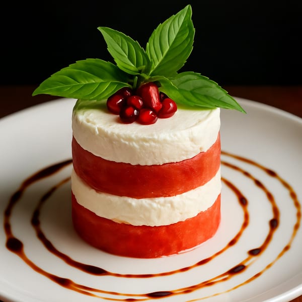 Caprese salad tower with alternating layers of red tomato and white mozzarella, garnished with basil and pomegranate.