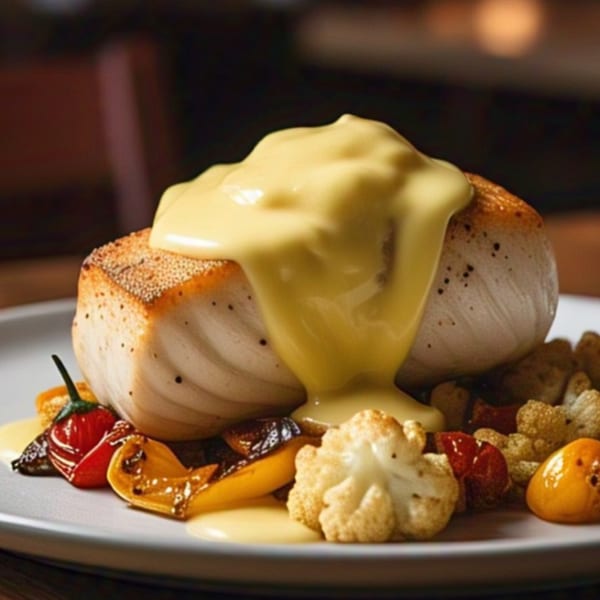 Pan-seared fish topped with creamy yellow sauce, roasted peppers, and cauliflower on a white plate.