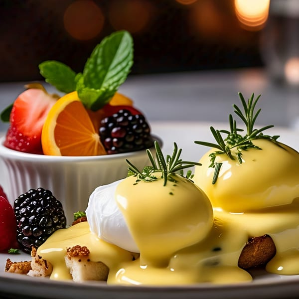 Eggs Benedict with hollandaise sauce and rosemary, alongside a fruit cup with strawberries, orange, and blackberries.