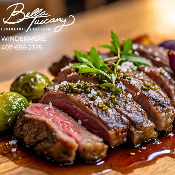 Sliced steak with green sauce, sea salt, and brussels sprouts on a wooden board.